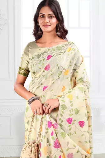 off white cotton blend floral printed saree