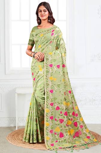 light green cotton blend floral printed saree