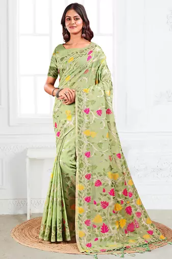 light green cotton blend floral printed saree