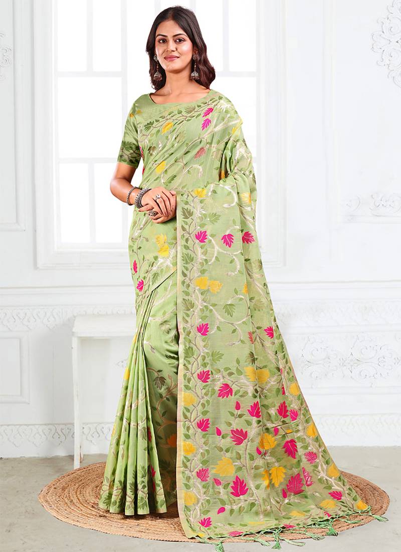 light green cotton blend floral printed saree