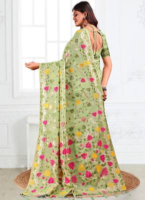 light green cotton blend floral printed saree 2