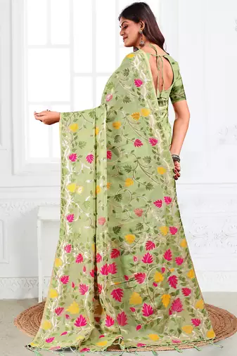 light green cotton blend floral printed saree