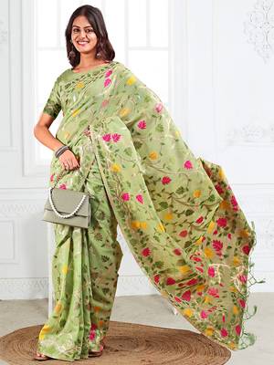 light green cotton blend floral printed saree 3