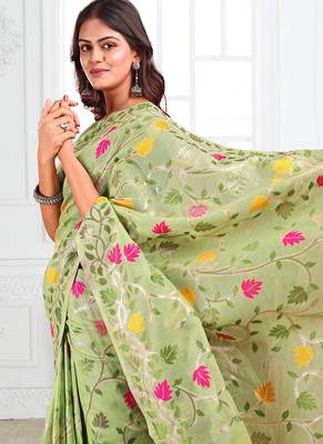 light green cotton blend floral printed saree 4
