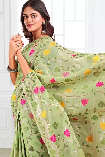 light green cotton blend floral printed saree