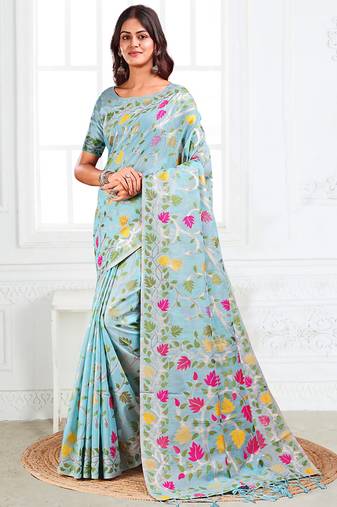 sky blue cotton blend floral printed saree