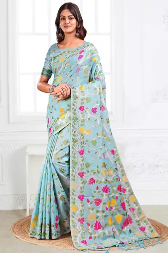 sky blue cotton blend floral printed saree