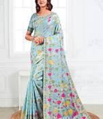 sky blue cotton blend floral printed saree