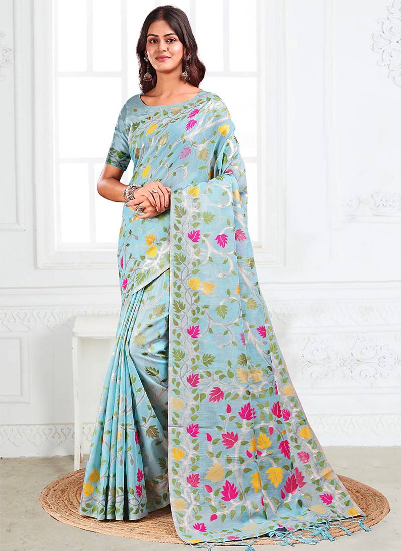sky blue cotton blend floral printed saree
