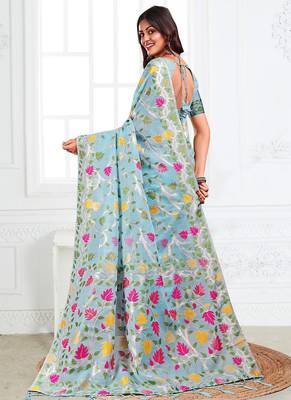 sky blue cotton blend floral printed saree 2