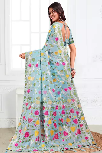 sky blue cotton blend floral printed saree
