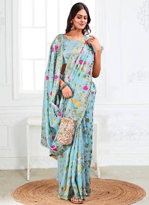 sky blue cotton blend floral printed saree 3