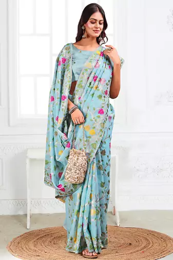 sky blue cotton blend floral printed saree