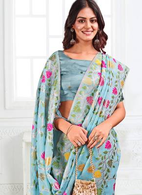 sky blue cotton blend floral printed saree 4