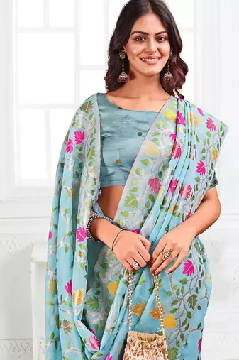 sky blue cotton blend floral printed saree