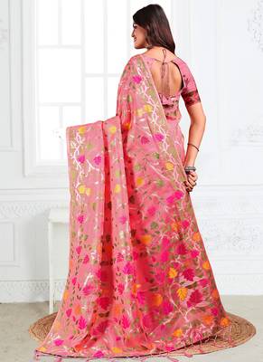 pink cotton blend floral printed saree 2