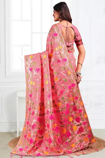 pink cotton blend floral printed saree