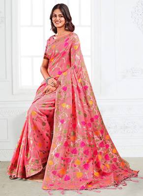pink cotton blend floral printed saree 3