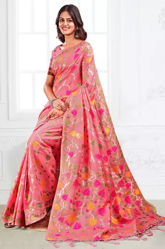 pink cotton blend floral printed saree