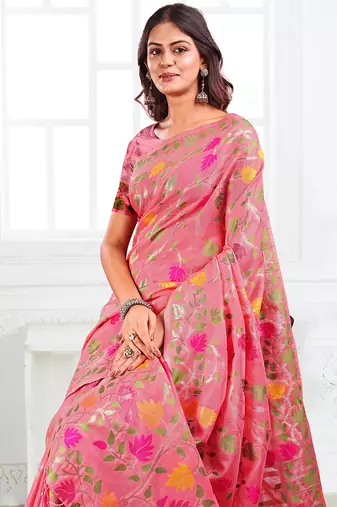 pink cotton blend floral printed saree