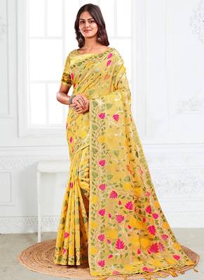 yellow cotton blend floral printed saree 1