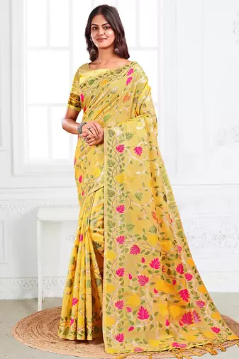 yellow cotton blend floral printed saree