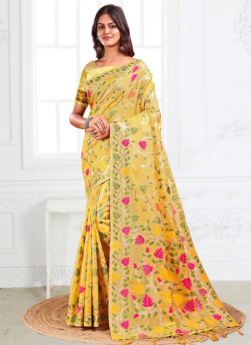 yellow cotton blend floral printed saree