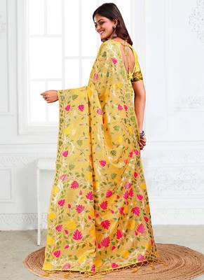 yellow cotton blend floral printed saree 2