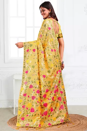 yellow cotton blend floral printed saree