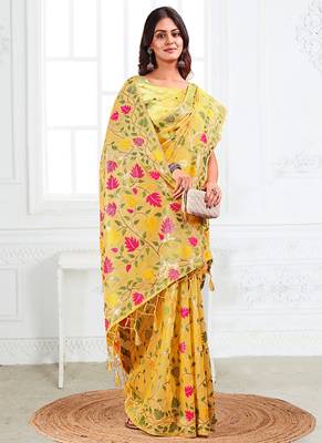 yellow cotton blend floral printed saree 3