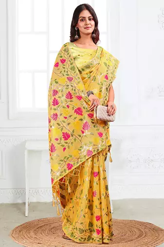 yellow cotton blend floral printed saree