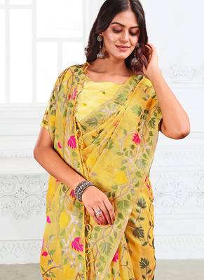 yellow cotton blend floral printed saree 4