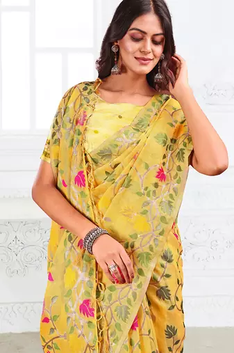 yellow cotton blend floral printed saree