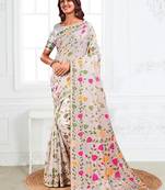 white cotton blend floral printed saree