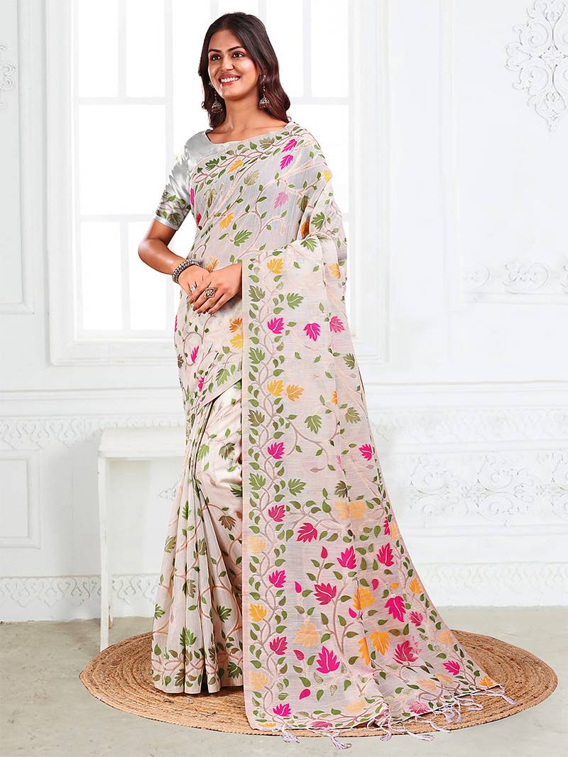 white cotton blend floral printed saree