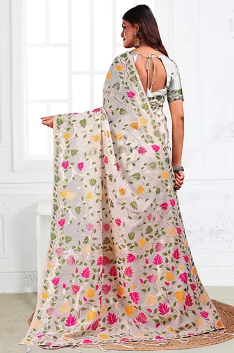 white cotton blend floral printed saree