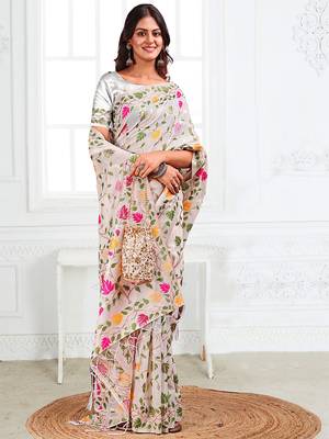 white cotton blend floral printed saree 3