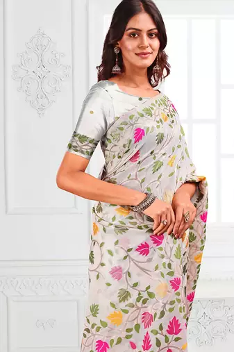 white cotton blend floral printed saree