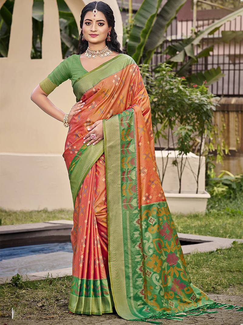 Orange silk blend saree with contrast woven zari border