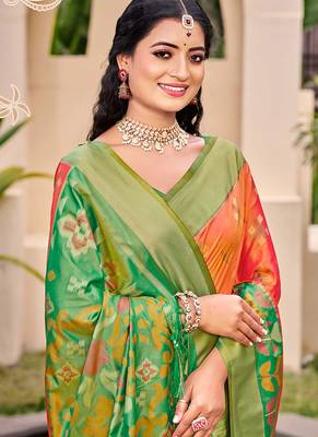 Orange silk blend saree with contrast woven zari border 2