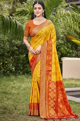 Yellow silk blend saree with contrast woven zari border