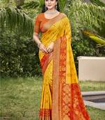 Yellow silk blend saree with contrast woven zari border