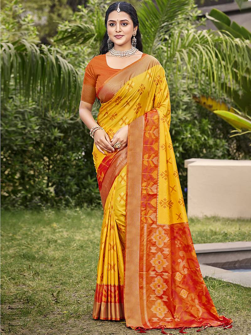 Yellow silk blend saree with contrast woven zari border