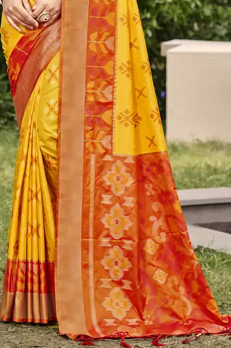 Yellow silk blend saree with contrast woven zari border