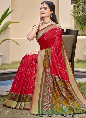 Red silk blend saree with contrast woven zari border 1
