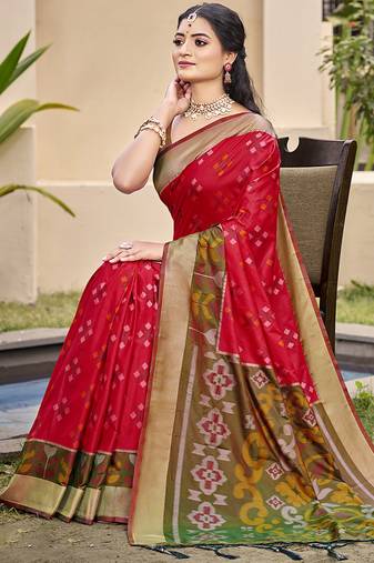 Red silk blend saree with contrast woven zari border