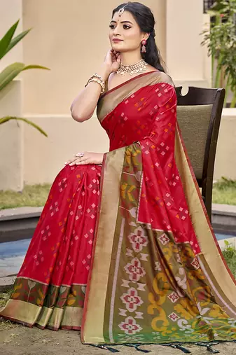 Red silk blend saree with contrast woven zari border