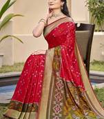 Red silk blend saree with contrast woven zari border