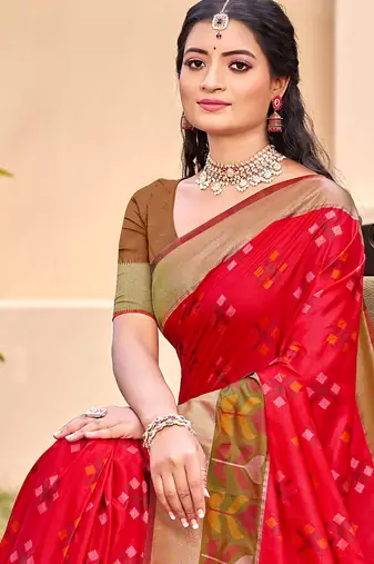 Red silk blend saree with contrast woven zari border