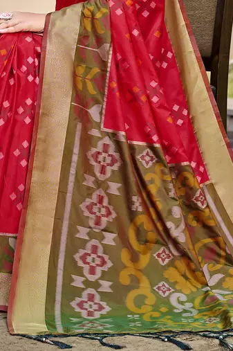 Red silk blend saree with contrast woven zari border